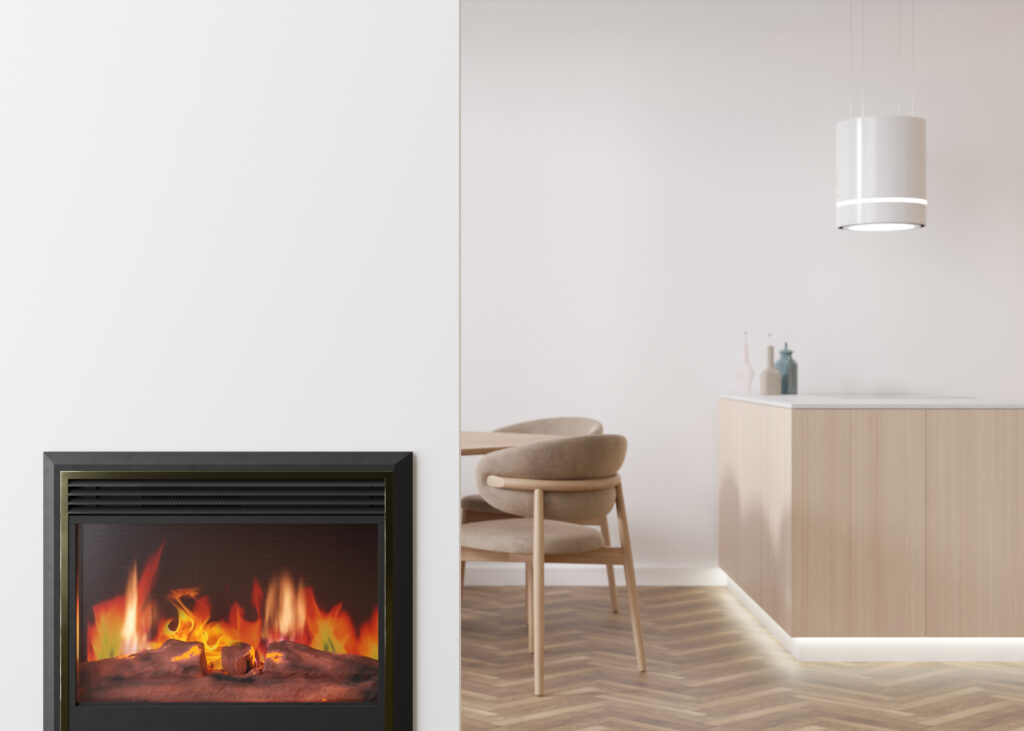 comedor con chimenea electrica